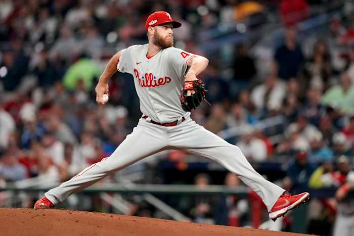 Zack Wheeler stretches to deliver a pitch against the Atlanta Braves in the NLDS.